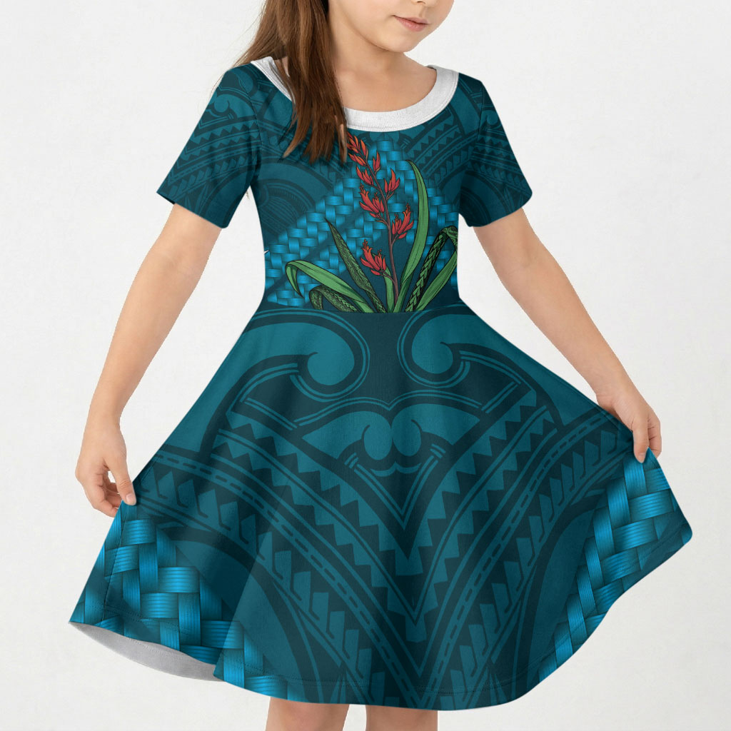 Rongoa Maori New Zealand Harakeke Kid Short Sleeve Dress NZ Weaving Pattern Dark Teal