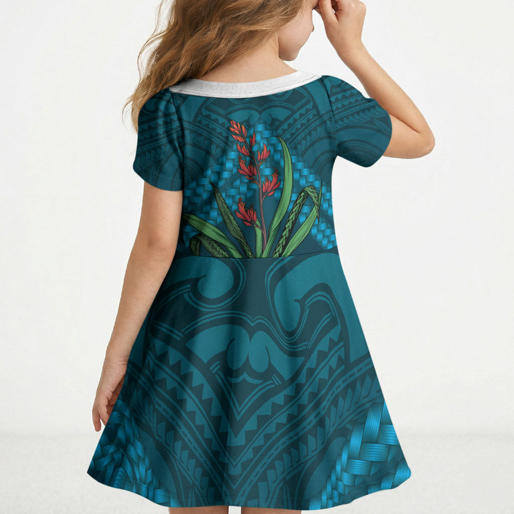 Rongoa Maori New Zealand Harakeke Kid Short Sleeve Dress NZ Weaving Pattern Dark Teal