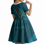 Rongoa Maori New Zealand Harakeke Kid Short Sleeve Dress NZ Weaving Pattern Dark Teal