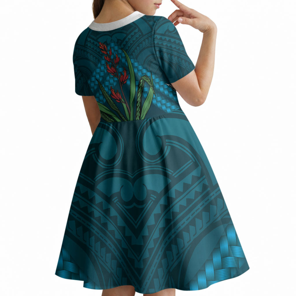 Rongoa Maori New Zealand Harakeke Kid Short Sleeve Dress NZ Weaving Pattern Dark Teal