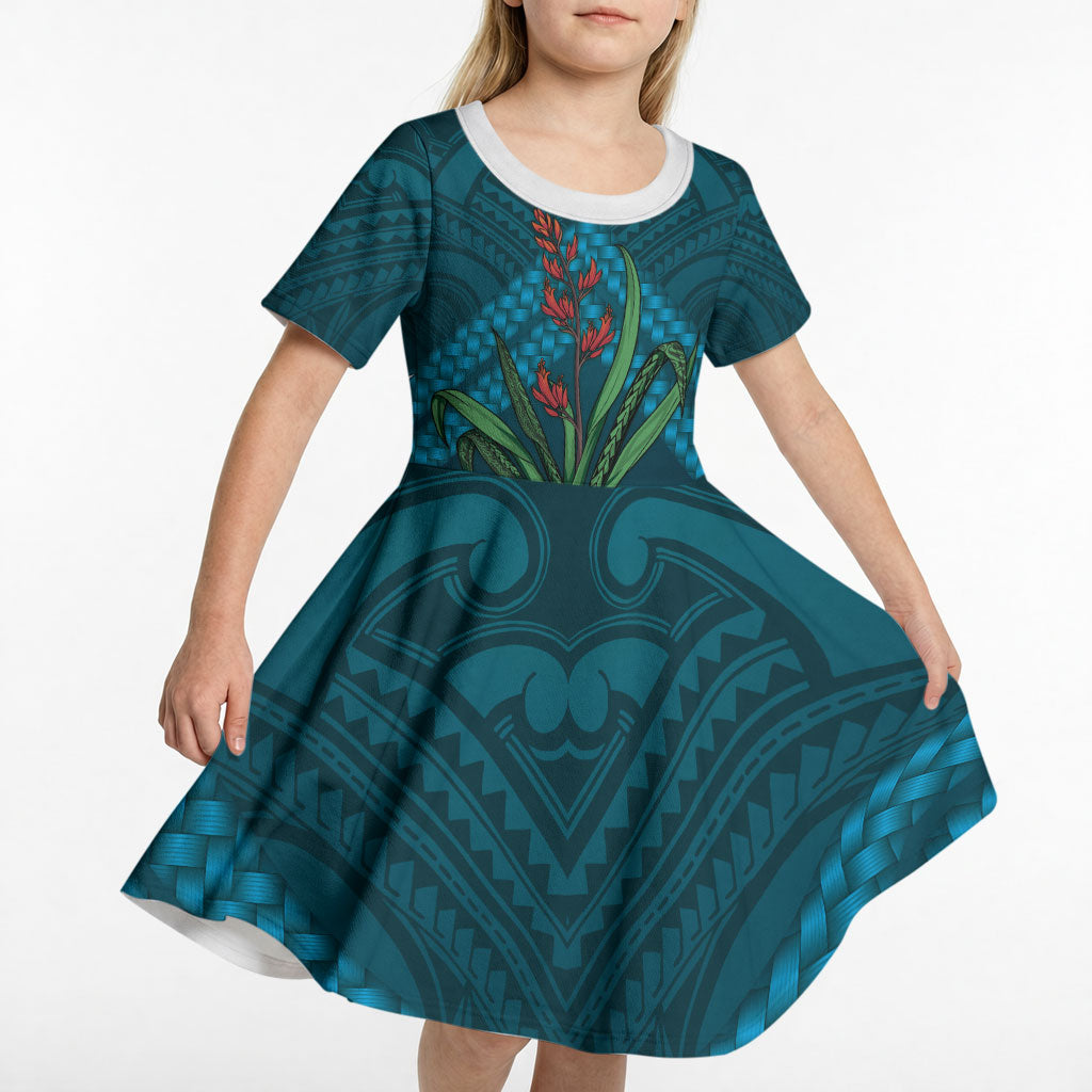 Rongoa Maori New Zealand Harakeke Kid Short Sleeve Dress NZ Weaving Pattern Dark Teal