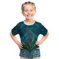 Rongoa Maori New Zealand Harakeke Kid T Shirt NZ Weaving Pattern Dark Teal