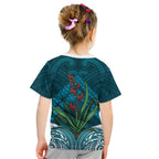 Rongoa Maori New Zealand Harakeke Kid T Shirt NZ Weaving Pattern Dark Teal