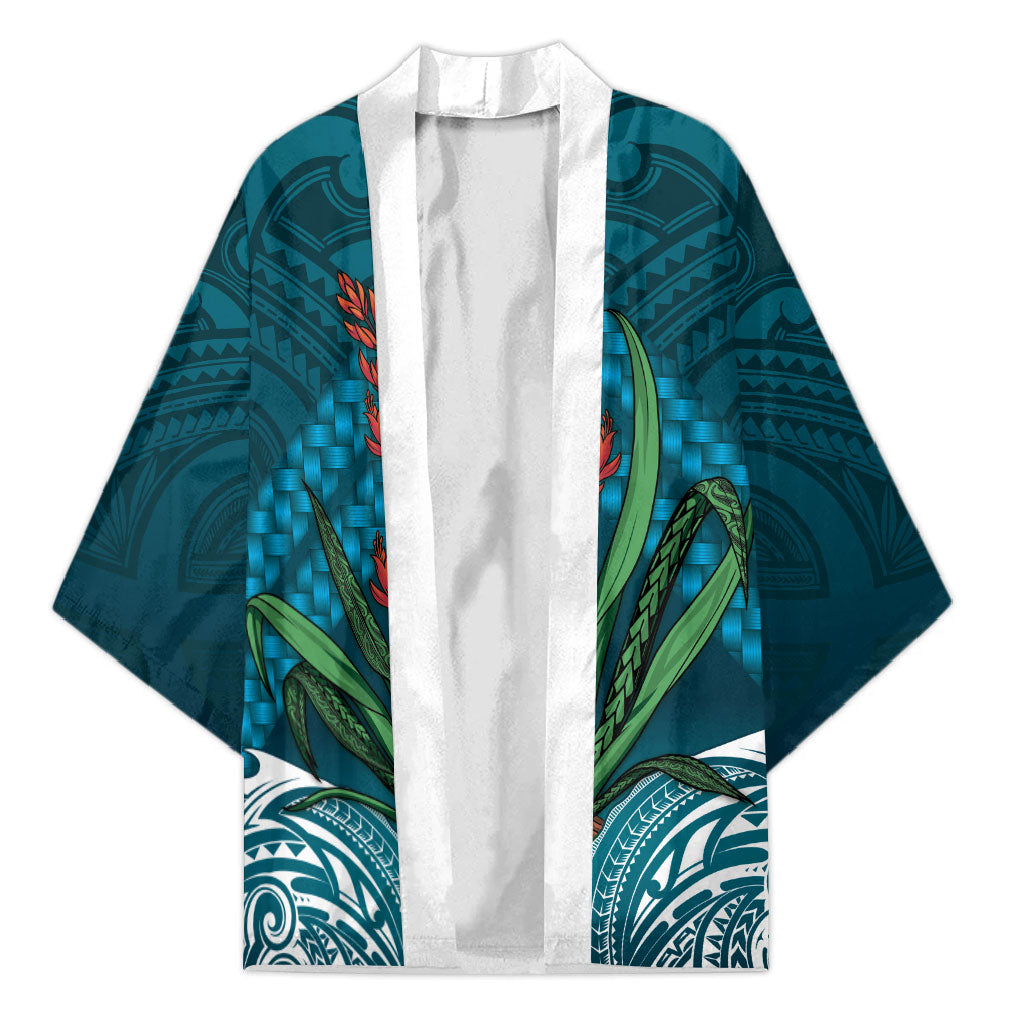 Rongoa Maori New Zealand Harakeke Kimono NZ Weaving Pattern Dark Teal