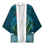 Rongoa Maori New Zealand Harakeke Kimono NZ Weaving Pattern Dark Teal