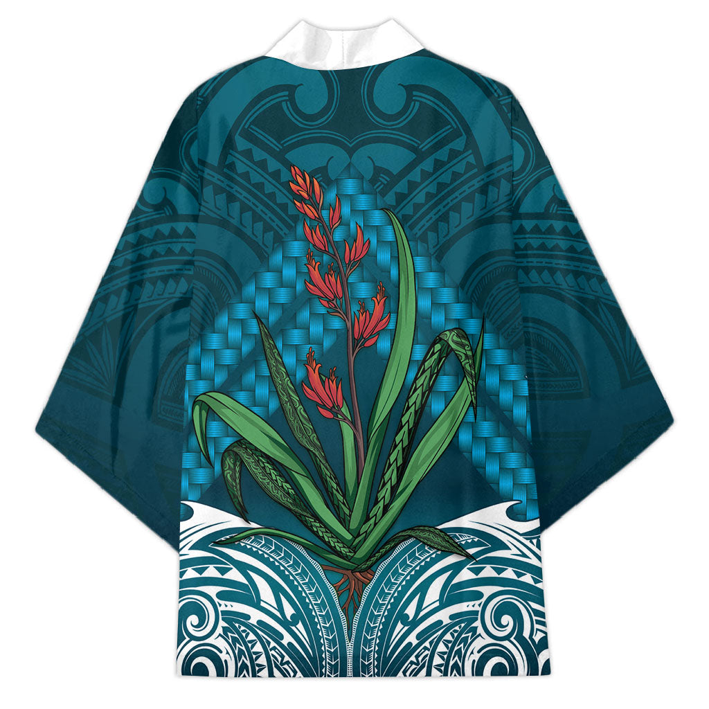 Rongoa Maori New Zealand Harakeke Kimono NZ Weaving Pattern Dark Teal