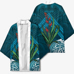 Rongoa Maori New Zealand Harakeke Kimono NZ Weaving Pattern Dark Teal