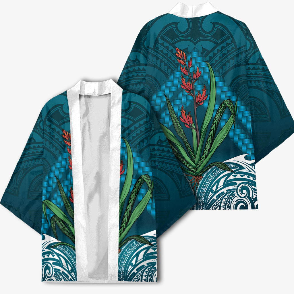 Rongoa Maori New Zealand Harakeke Kimono NZ Weaving Pattern Dark Teal