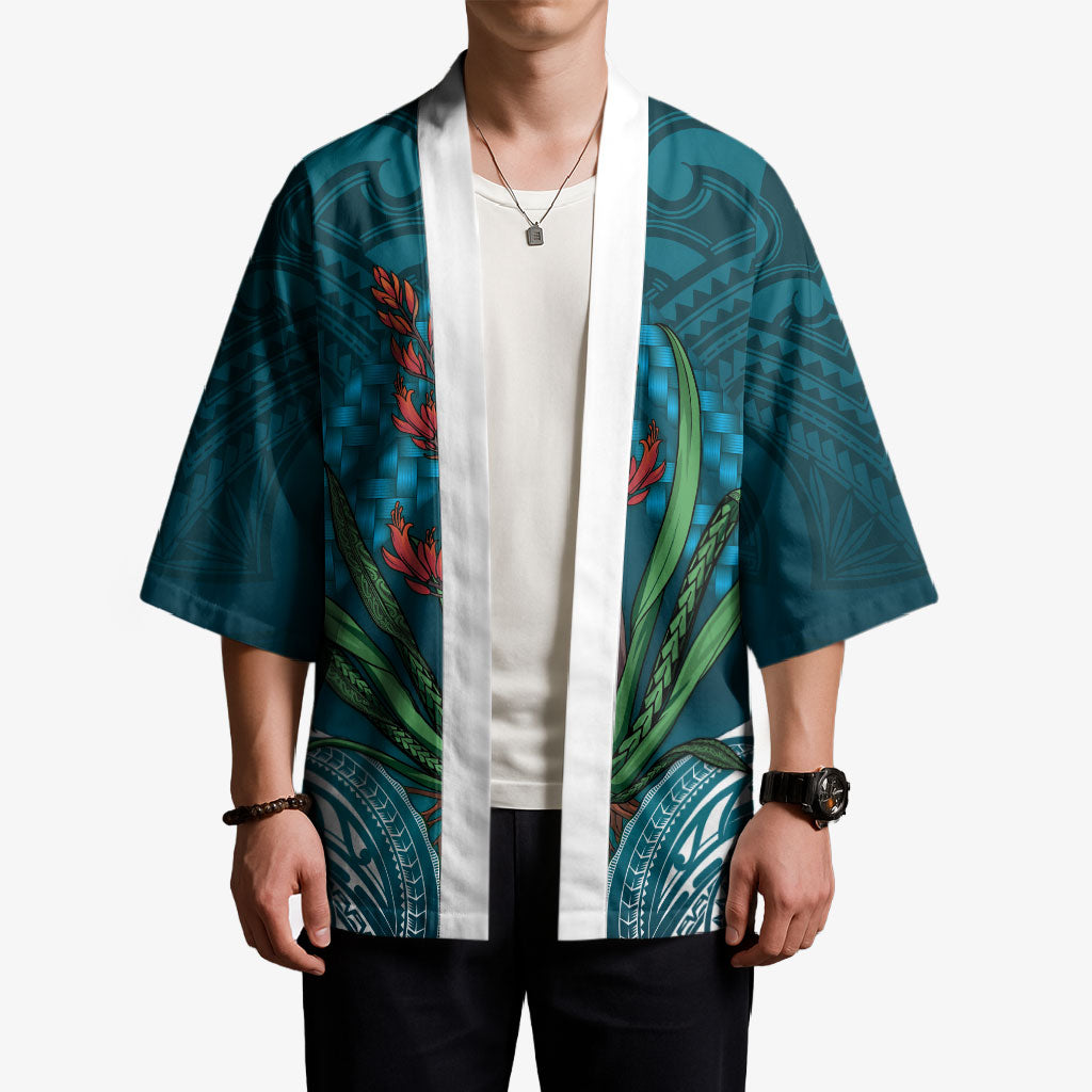Rongoa Maori New Zealand Harakeke Kimono NZ Weaving Pattern Dark Teal