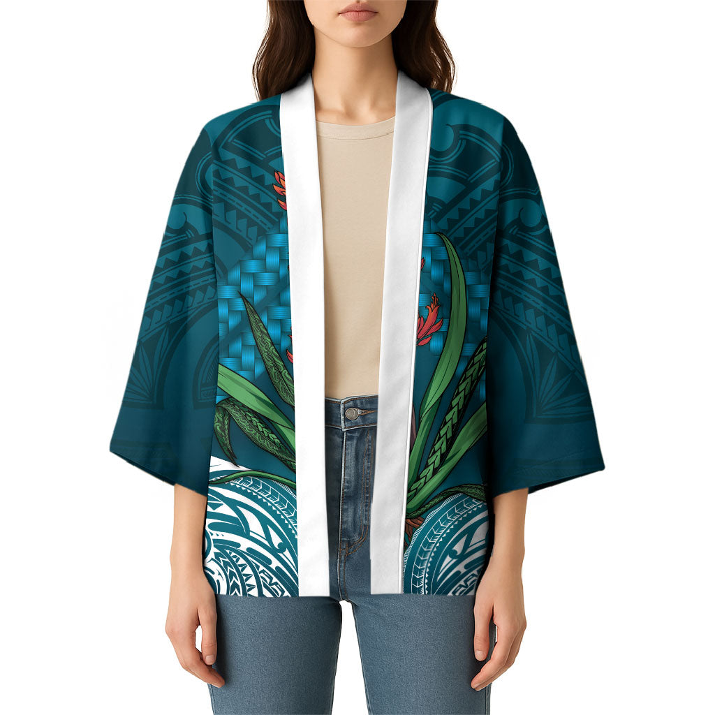 Rongoa Maori New Zealand Harakeke Kimono NZ Weaving Pattern Dark Teal
