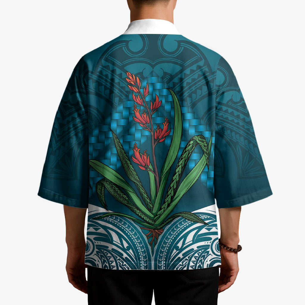 Rongoa Maori New Zealand Harakeke Kimono NZ Weaving Pattern Dark Teal