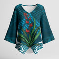 Rongoa Maori New Zealand Harakeke Kimono Sleeve Blouse NZ Weaving Pattern Dark Teal
