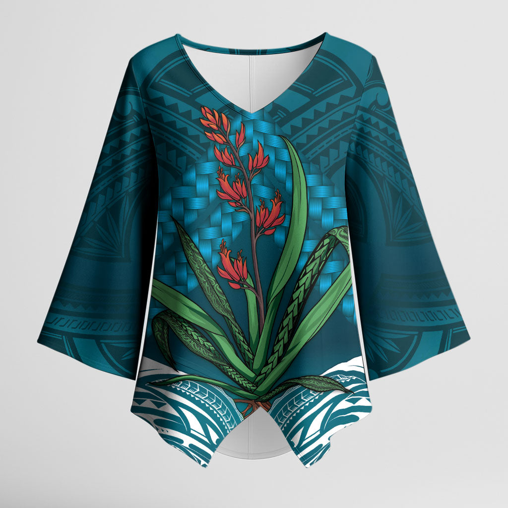 Rongoa Maori New Zealand Harakeke Kimono Sleeve Blouse NZ Weaving Pattern Dark Teal