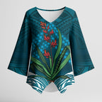 Rongoa Maori New Zealand Harakeke Kimono Sleeve Blouse NZ Weaving Pattern Dark Teal