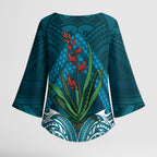 Rongoa Maori New Zealand Harakeke Kimono Sleeve Blouse NZ Weaving Pattern Dark Teal