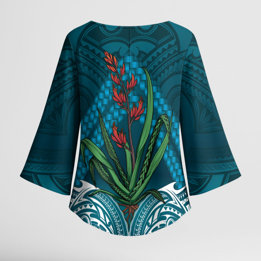 Rongoa Maori New Zealand Harakeke Kimono Sleeve Blouse NZ Weaving Pattern Dark Teal