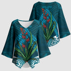 Rongoa Maori New Zealand Harakeke Kimono Sleeve Blouse NZ Weaving Pattern Dark Teal