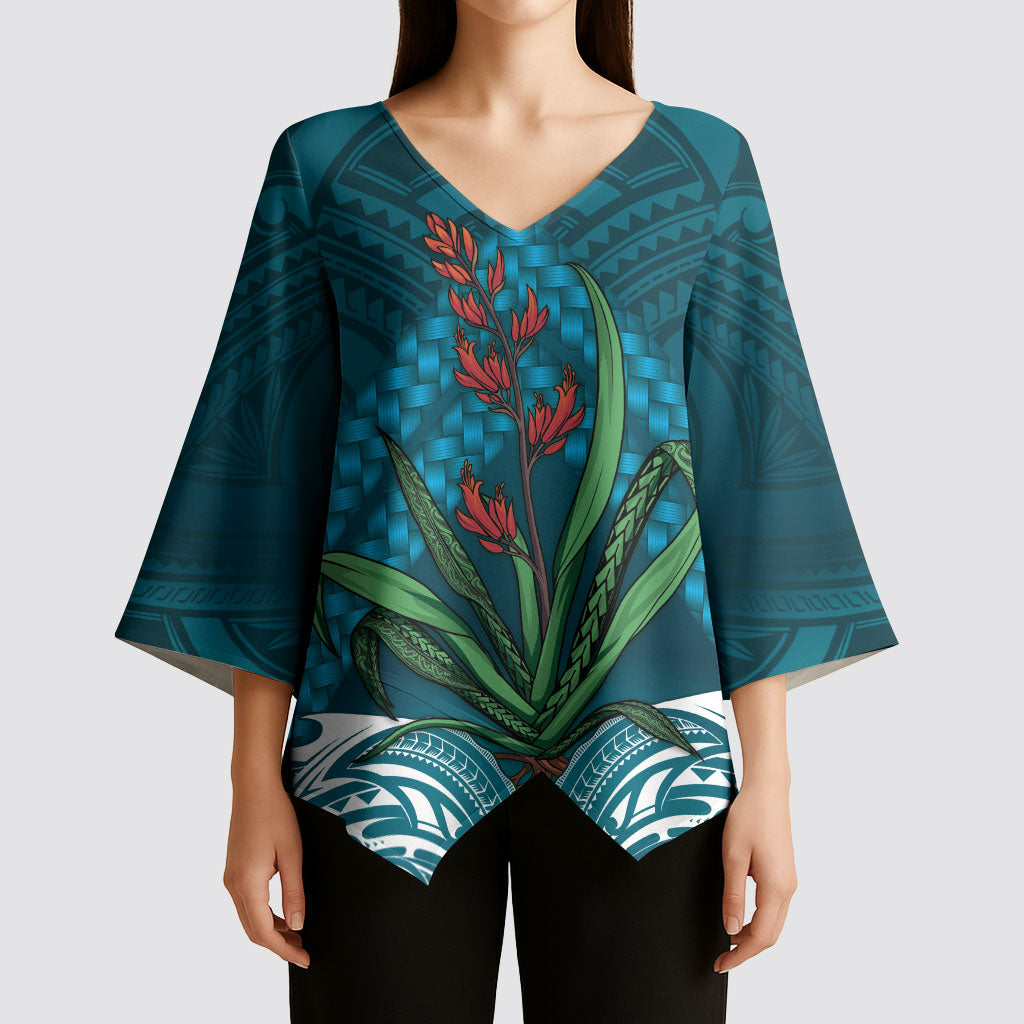 Rongoa Maori New Zealand Harakeke Kimono Sleeve Blouse NZ Weaving Pattern Dark Teal
