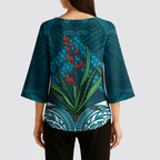 Rongoa Maori New Zealand Harakeke Kimono Sleeve Blouse NZ Weaving Pattern Dark Teal
