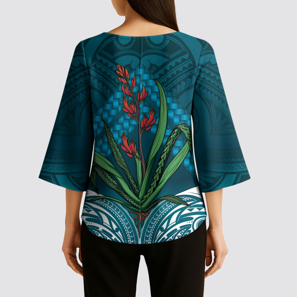 Rongoa Maori New Zealand Harakeke Kimono Sleeve Blouse NZ Weaving Pattern Dark Teal