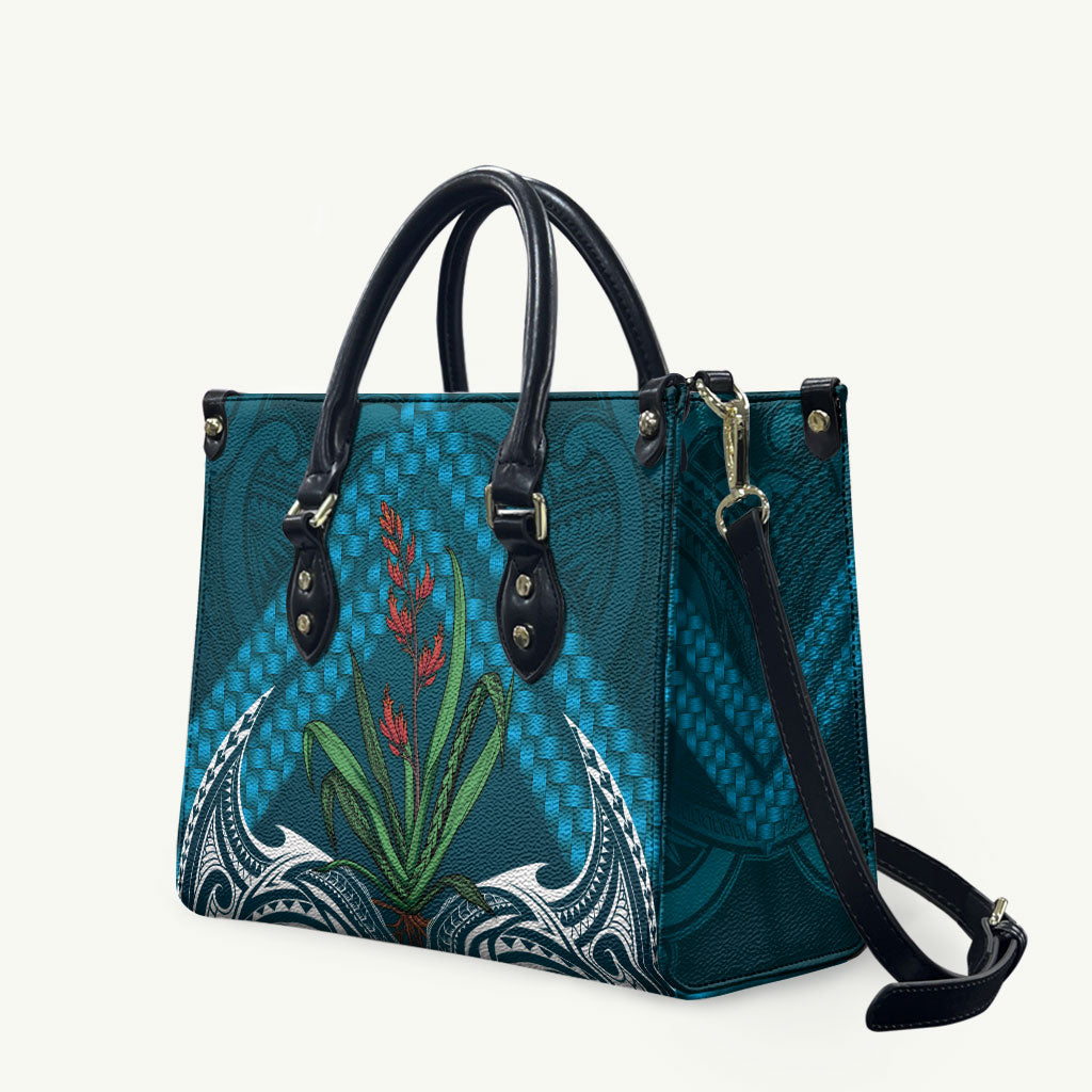 Rongoa Maori New Zealand Harakeke Leather Bag NZ Weaving Pattern Dark Teal