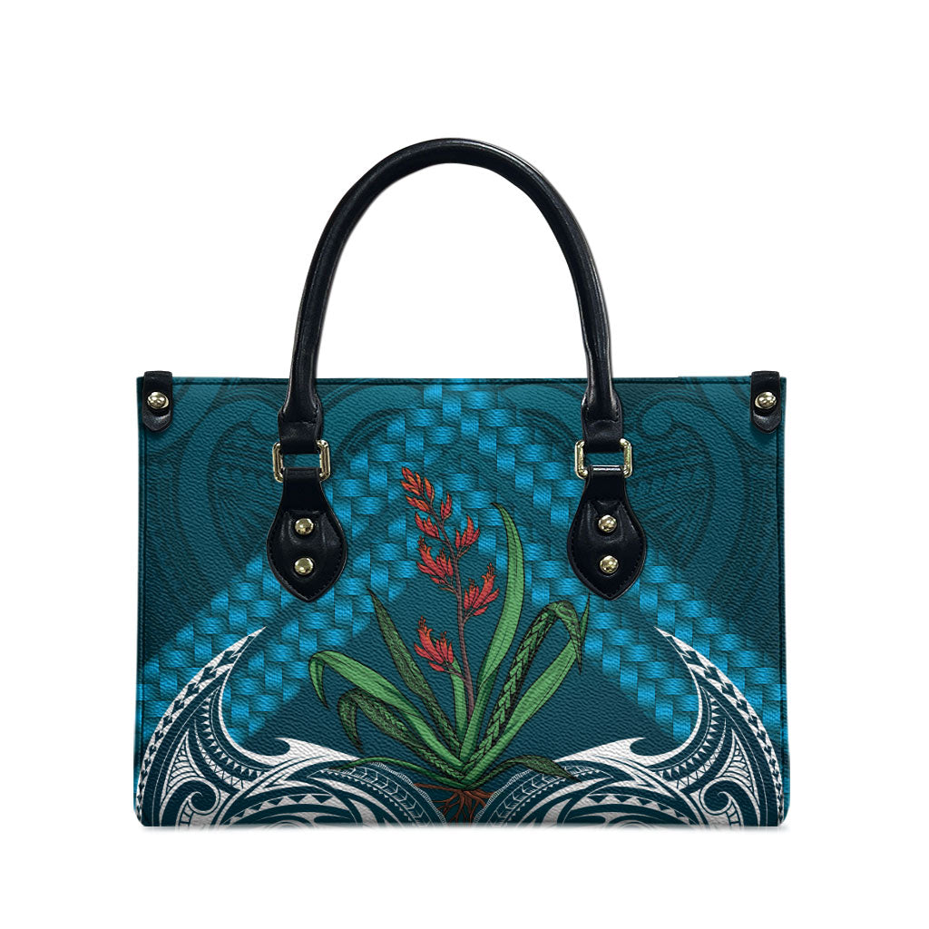 Rongoa Maori New Zealand Harakeke Leather Bag NZ Weaving Pattern Dark Teal