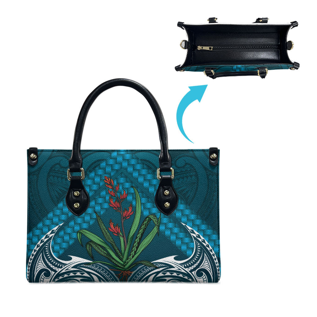 Rongoa Maori New Zealand Harakeke Leather Bag NZ Weaving Pattern Dark Teal