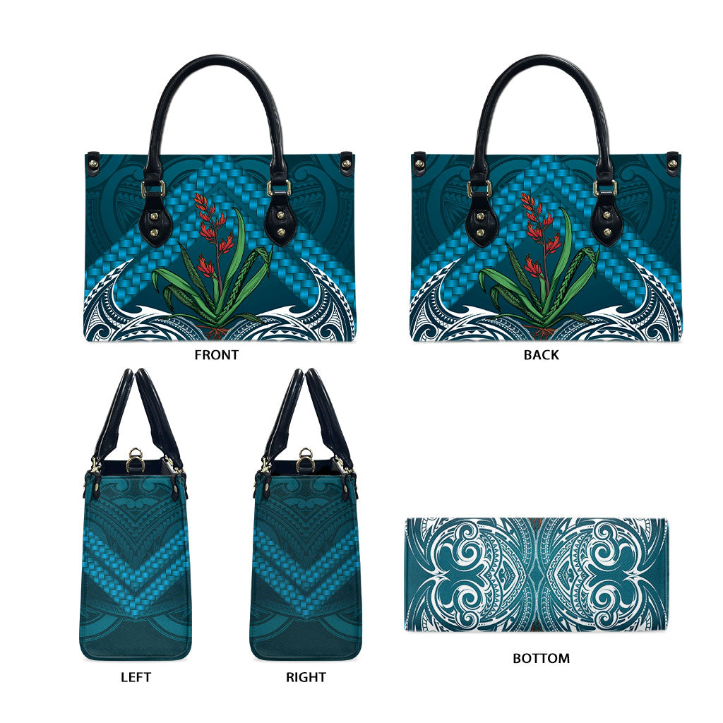 Rongoa Maori New Zealand Harakeke Leather Bag NZ Weaving Pattern Dark Teal