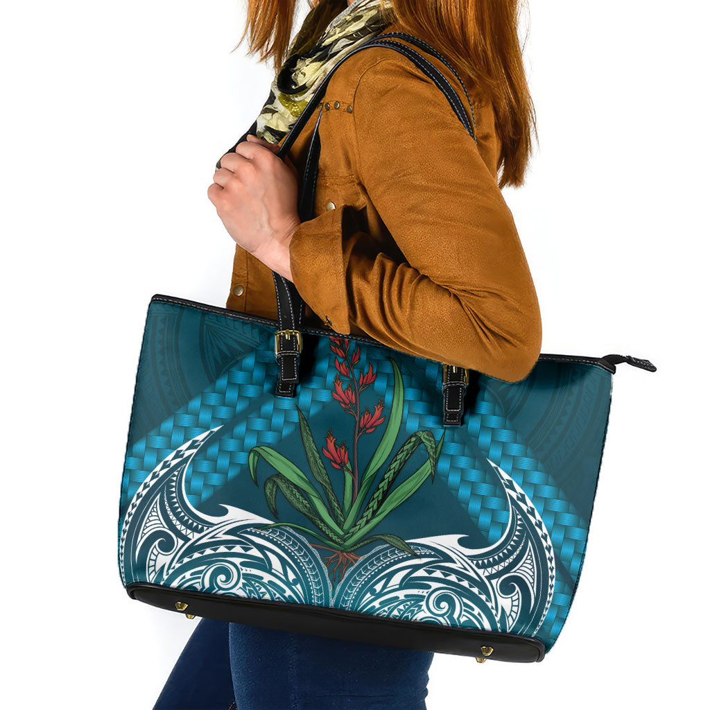Rongoa Maori New Zealand Harakeke Leather Tote Bag NZ Weaving Pattern Dark Teal