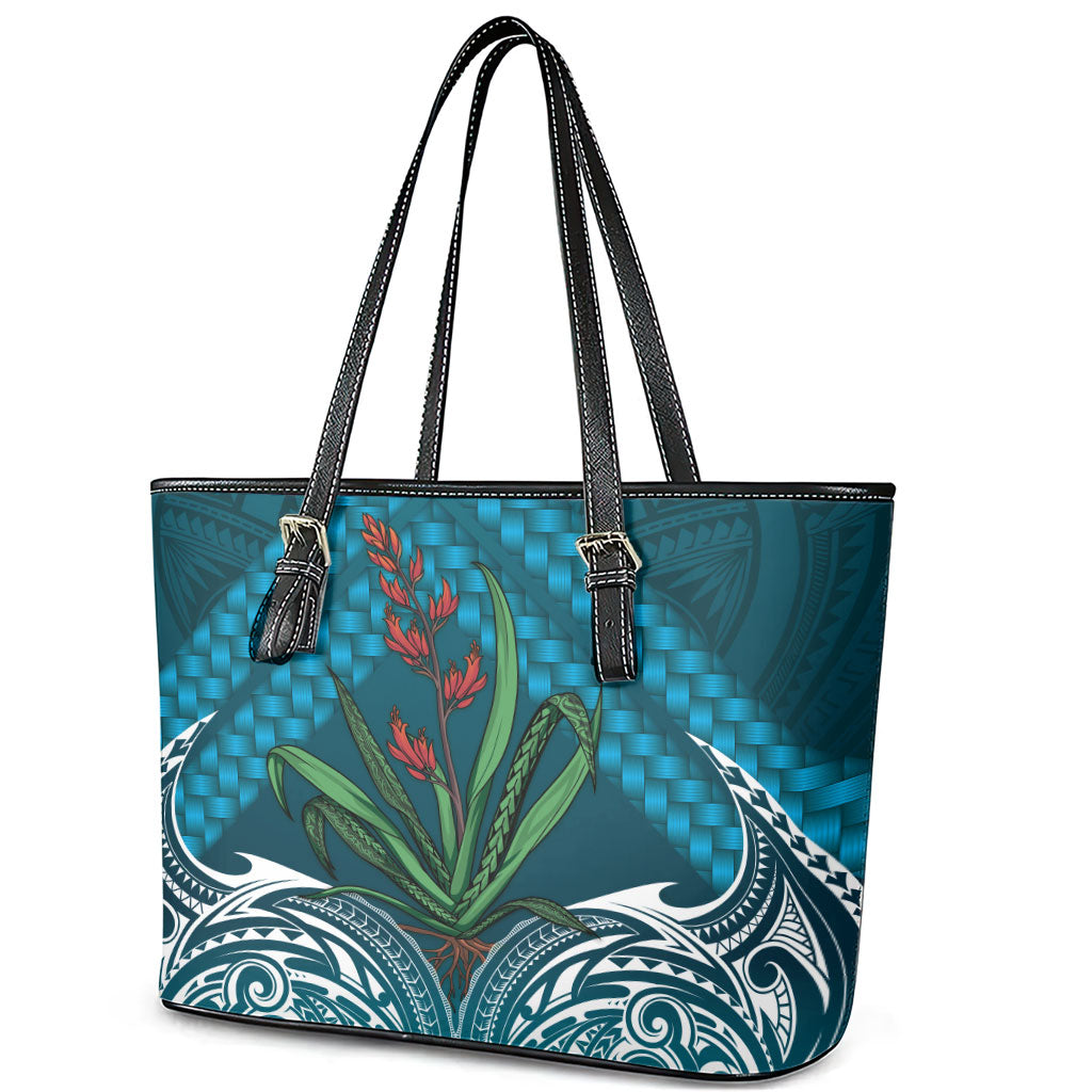 Rongoa Maori New Zealand Harakeke Leather Tote Bag NZ Weaving Pattern Dark Teal