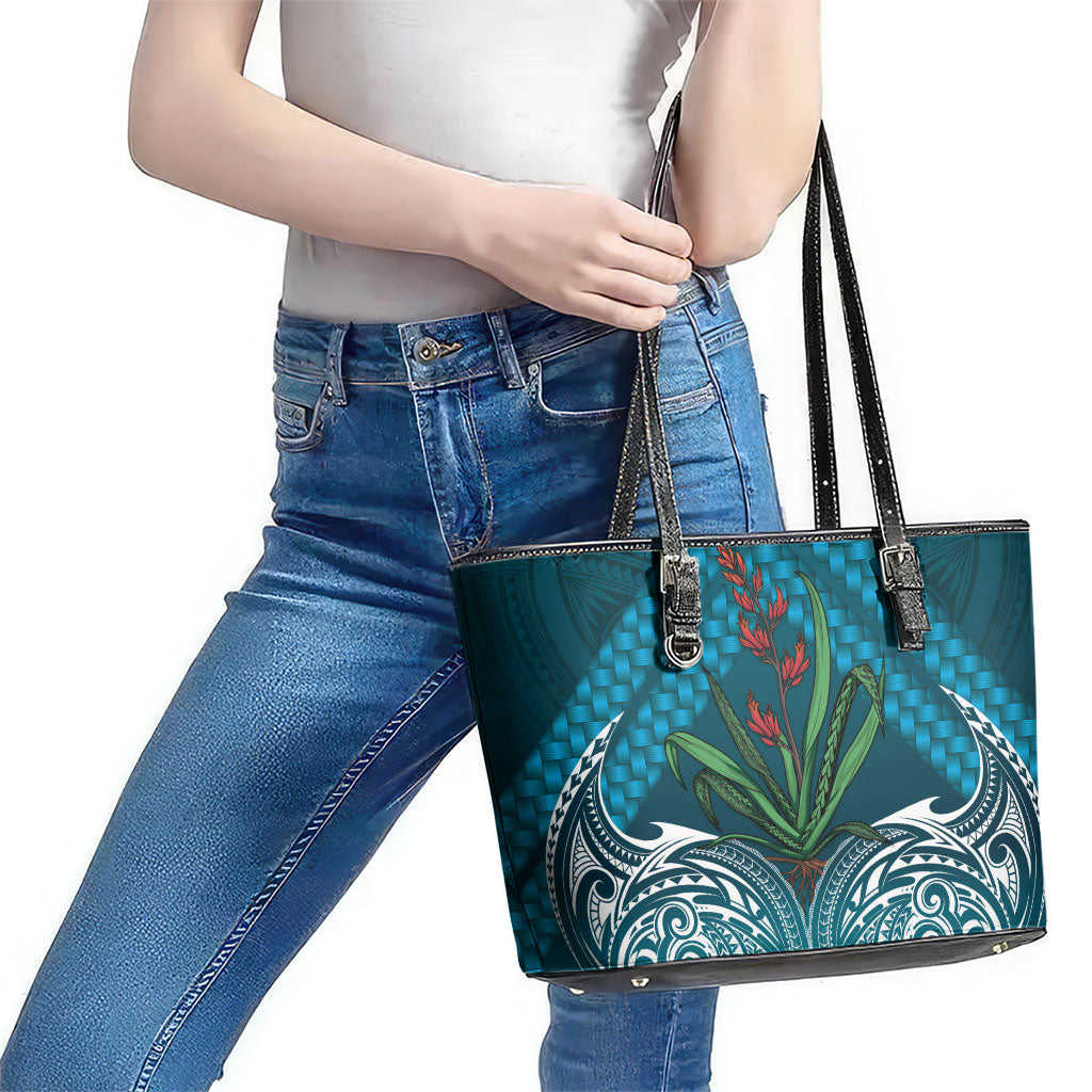 Rongoa Maori New Zealand Harakeke Leather Tote Bag NZ Weaving Pattern Dark Teal