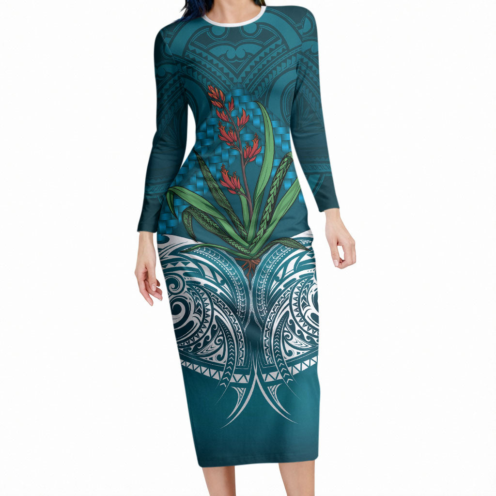 Rongoa Maori New Zealand Harakeke Long Sleeve Bodycon Dress NZ Weaving Pattern Dark Teal