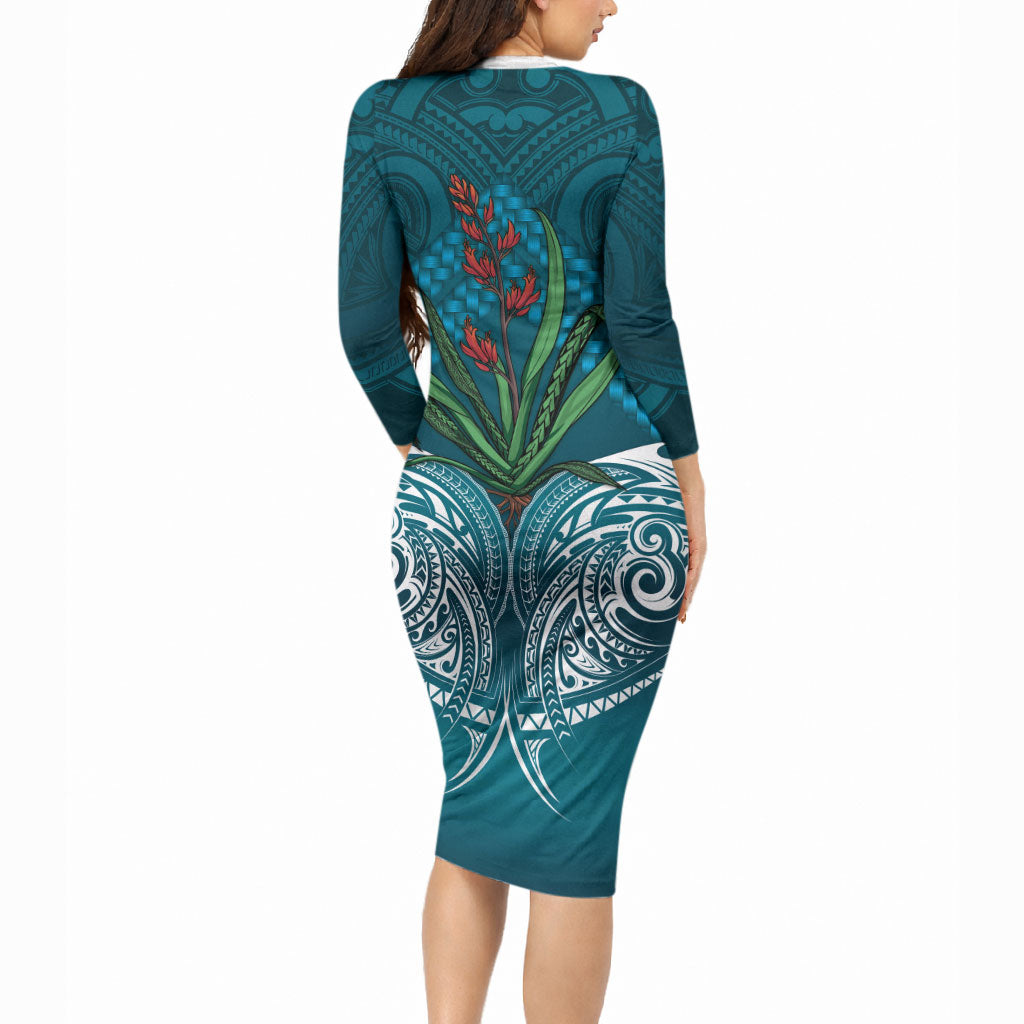 Rongoa Maori New Zealand Harakeke Long Sleeve Bodycon Dress NZ Weaving Pattern Dark Teal