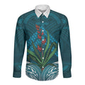 Rongoa Maori New Zealand Harakeke Long Sleeve Button Shirt NZ Weaving Pattern Dark Teal
