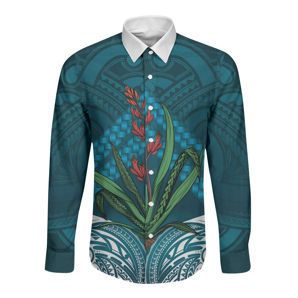 Rongoa Maori New Zealand Harakeke Long Sleeve Button Shirt NZ Weaving Pattern Dark Teal