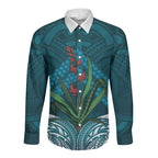 Rongoa Maori New Zealand Harakeke Long Sleeve Button Shirt NZ Weaving Pattern Dark Teal