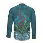 Rongoa Maori New Zealand Harakeke Long Sleeve Button Shirt NZ Weaving Pattern Dark Teal