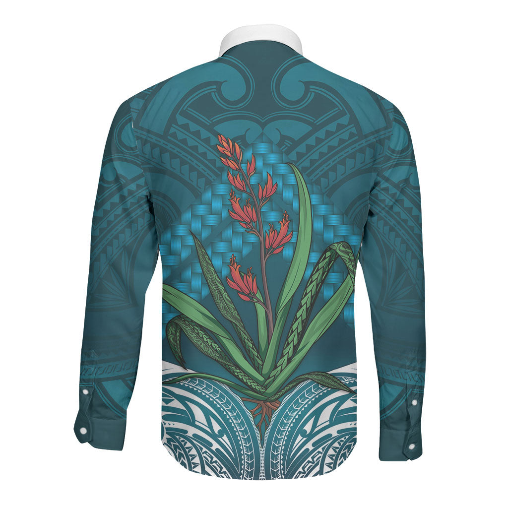 Rongoa Maori New Zealand Harakeke Long Sleeve Button Shirt NZ Weaving Pattern Dark Teal