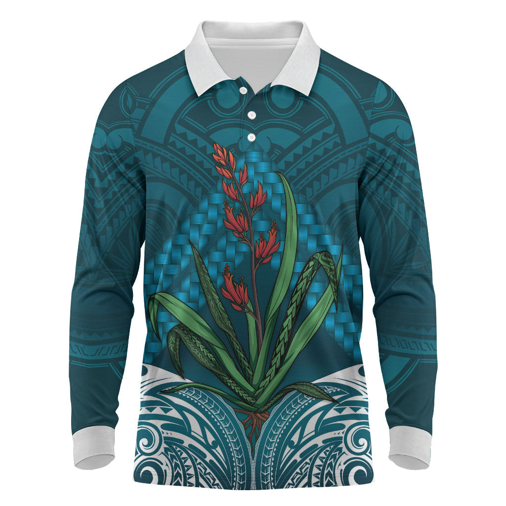 Rongoa Maori New Zealand Harakeke Long Sleeve Polo Shirt NZ Weaving Pattern Dark Teal
