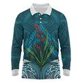 Rongoa Maori New Zealand Harakeke Long Sleeve Polo Shirt NZ Weaving Pattern Dark Teal