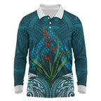 Rongoa Maori New Zealand Harakeke Long Sleeve Polo Shirt NZ Weaving Pattern Dark Teal