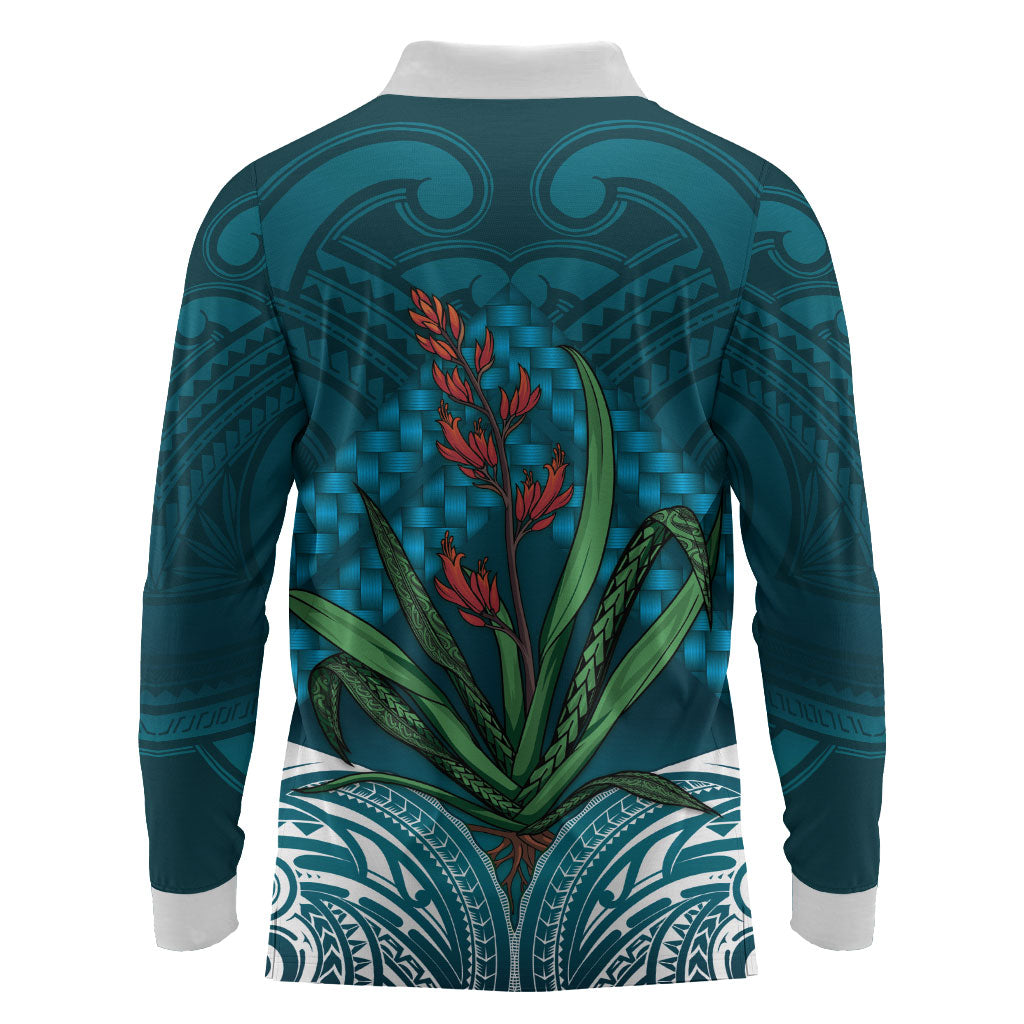 Rongoa Maori New Zealand Harakeke Long Sleeve Polo Shirt NZ Weaving Pattern Dark Teal