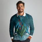 Rongoa Maori New Zealand Harakeke Long Sleeve Polo Shirt NZ Weaving Pattern Dark Teal
