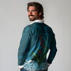 Rongoa Maori New Zealand Harakeke Long Sleeve Polo Shirt NZ Weaving Pattern Dark Teal
