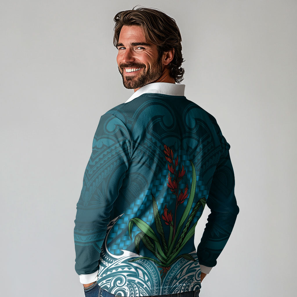 Rongoa Maori New Zealand Harakeke Long Sleeve Polo Shirt NZ Weaving Pattern Dark Teal