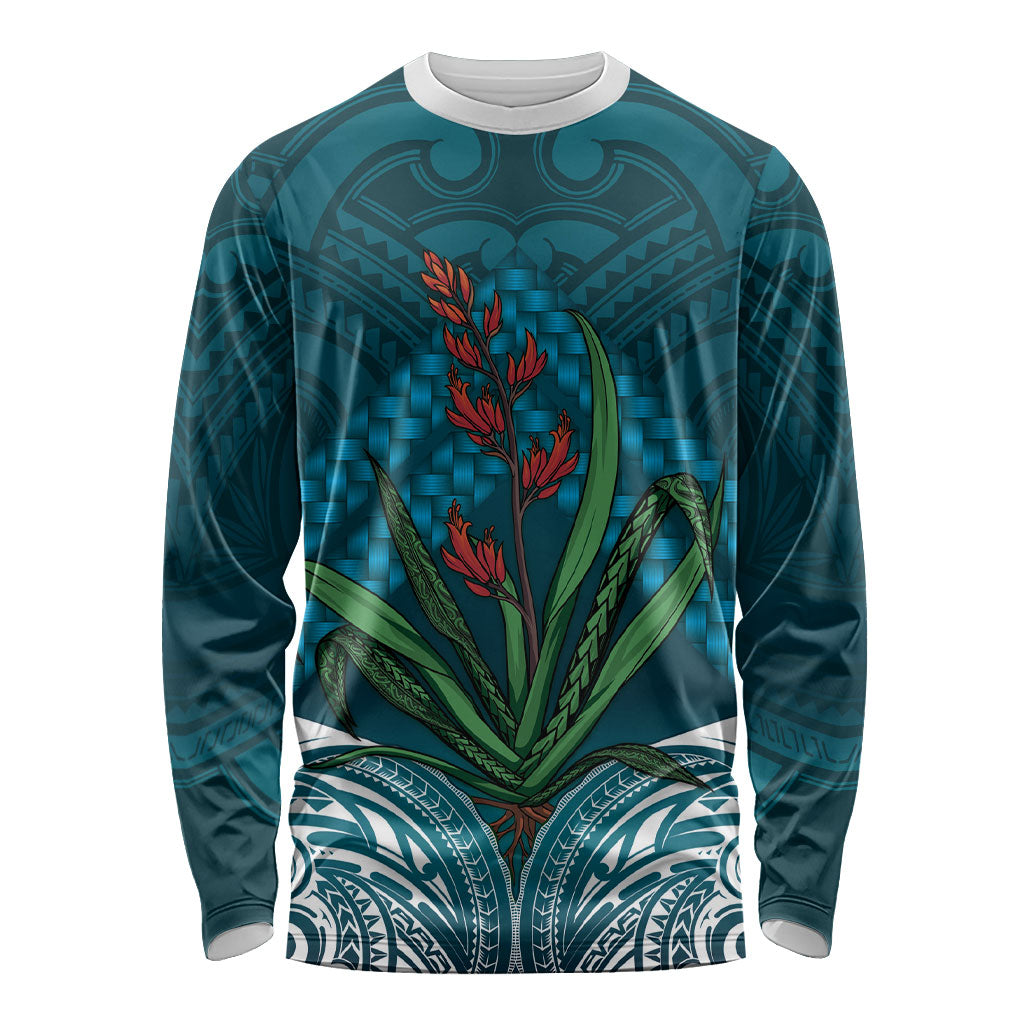 Rongoa Maori New Zealand Harakeke Long Sleeve Shirt NZ Weaving Pattern Dark Teal