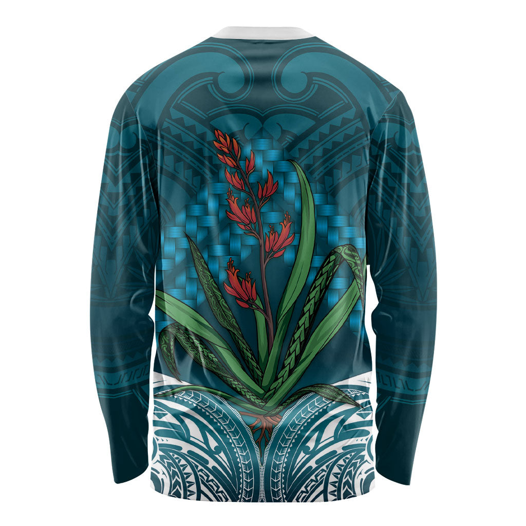 Rongoa Maori New Zealand Harakeke Long Sleeve Shirt NZ Weaving Pattern Dark Teal