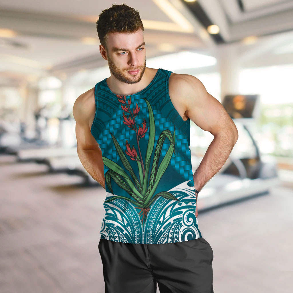 Rongoa Maori New Zealand Harakeke Men Tank Top NZ Weaving Pattern Dark Teal