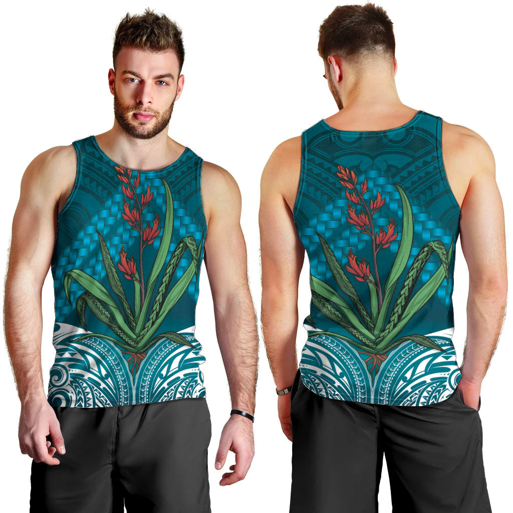 Rongoa Maori New Zealand Harakeke Men Tank Top NZ Weaving Pattern Dark Teal