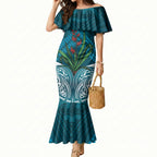 Rongoa Maori New Zealand Harakeke Mermaid Dress NZ Weaving Pattern Dark Teal